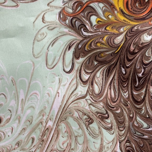 VTG Hand Printed Square Scarf Made in Japan Abstract Marbled Swirl Brown Green - Picture 4 of 7